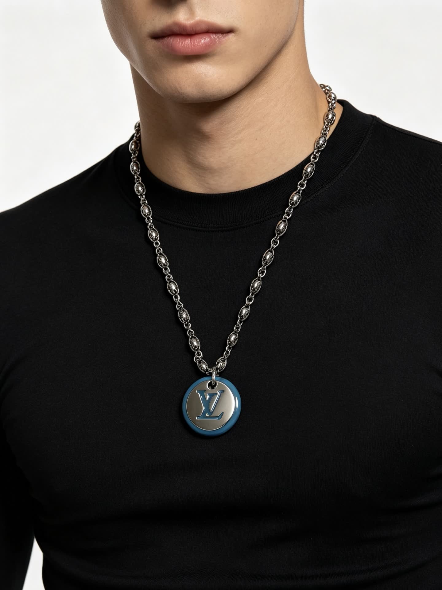 Louis Vuitton Silver and Blue Logo Pendant Necklace